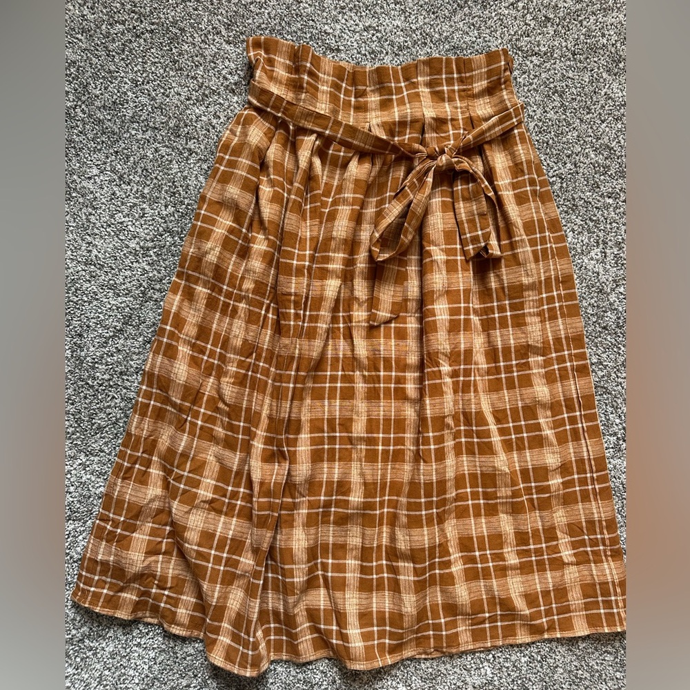 Women’s Plaid Paperbag Waist Midi Skirt - Brown